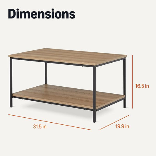 Amazon Basics Rectangular Coffee Table with Bottom Shelf, Living Room Center Table, Wooden, 19.9" D x 31.5" W x 16.5" H