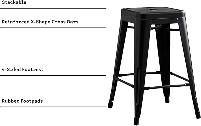 AC Pacific 24” Metal Backless Barstool Set of 2 – Country Rustic Style, Lightweight & Sturdy Build, Easy Assembly – Matte Black Finish
