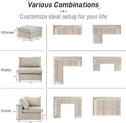 120" Cloud Modular Sectional Sofa with Storage Ottoman,Down Filled Comfort U Shaped Sofa Couch for Living Room,Minimalist Wide Deep Seat 5 Seater Convertible Couches for Office Apartment,Khaki