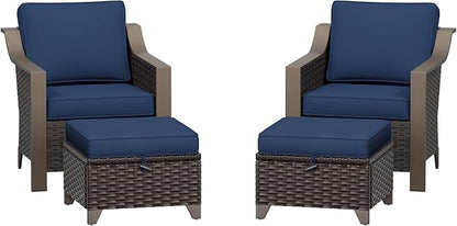 Patio Metal Wicker Chairs with Ottomans Set of 2, Outdoor Conversation Furniture Set - 2 Armchairs | 2 Wicker Ottomans, Removable Cushions, PE Rattan, Front Porch (Navy Blue)