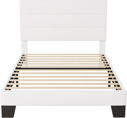 Allewie Twin Size Platform Bed Frame with Velvet Upholstered Headboard and Wooden Slats Support, Fully Upholstered Mattress Foundation/No Box Spring Needed/Easy Assembly, White
