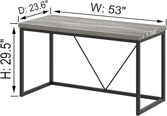 FOLUBAN Modern Home Office Desk, Industrial Vintage Computer Desk, Rustic Wood and Metal Study Writing Table, Simple Work Gaming PC Desks for Bedroom Living Room, Light Grey 53 Inch