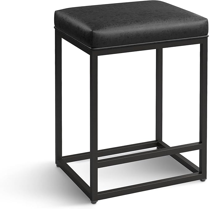 ALPHA HOME 24 Inch Counter Height Bar Stools Set of 2, Upholstered Bar Stools for Kitchen Island, Counter Stools with Faux Leather Cushion and Sturdy Metal Frame, Modern Barstools, Black