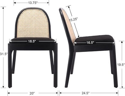 Upholstered Wooden Dining Chairs Set of 2, Farmhouse Kitchen & Dining Room Chairs with Cane Back, Accent Rattan Dining Table Chairs Sherpa Seat for Kitchen/Restaurant/Living Room, Black