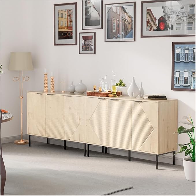 Set of 2 Large Buffet Sideboard Cabinet,91.96" Long Credenza Storage Cabinet,Mid Century Modern Kitchen Pantry Storage Cupboard Cabinets with Doors and Shelves,Fluted Cabinets for Dining Room