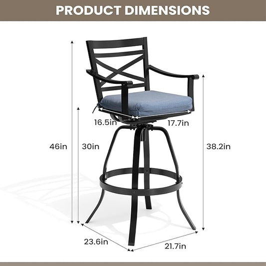Pellebant 30" Sunbrella Outdoor Bar Stools Set of 4, Aluminum Swivel Patio Bar Height Bar Stools with Back & Footrest, for Deck Lawn Garden(Spectrum Denim)