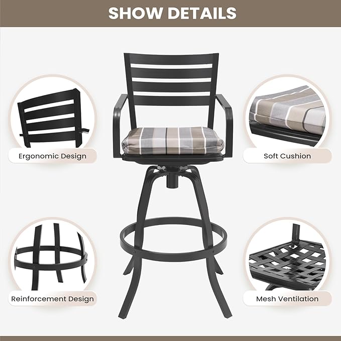 Pellebant Outdoor Bar Stools Set of 4 with Sunbrella Cushion, 29.5" Aluminum Swivel Bar Height Stool Chairs with Back & Footrest, Rust-Proof Patio Bartools for Deck Lawn Garden,Milano Char