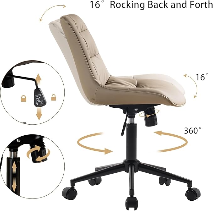 Kidol & Shellder Faux Leather Office Chair, Adjustable Swivel Height Task Chair, Rolling Wheels & Soft Backrest - Armless Ergonomic Desk Chair for Home, Office,Vanity,Gaming（Khaki）