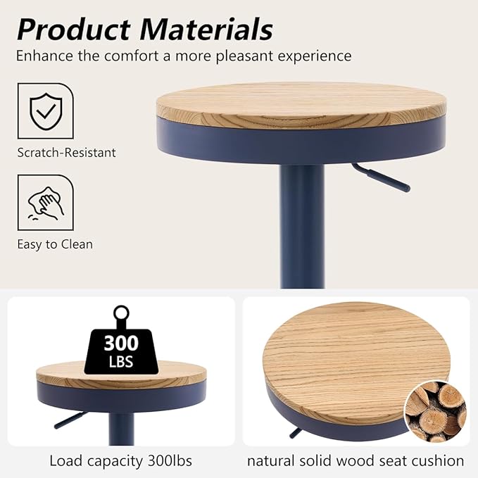 Kidol & Shellder Bar Stools Set of 4 Round Adjustable Swivel Barstools Modern Backless Bar Chairs Wooden Seat Counter Height Stools Armless for Kitchen Island, Cafe, Dining Room Blue