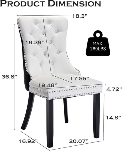 Leather Upholstered Dining Chairs Set of 2, Modern Style Kitchen Side Chairs with Nailhead Trim and Wood Leg, Metal Pulling Ring for Dining Room Living Room(Black&White,Set of 2)