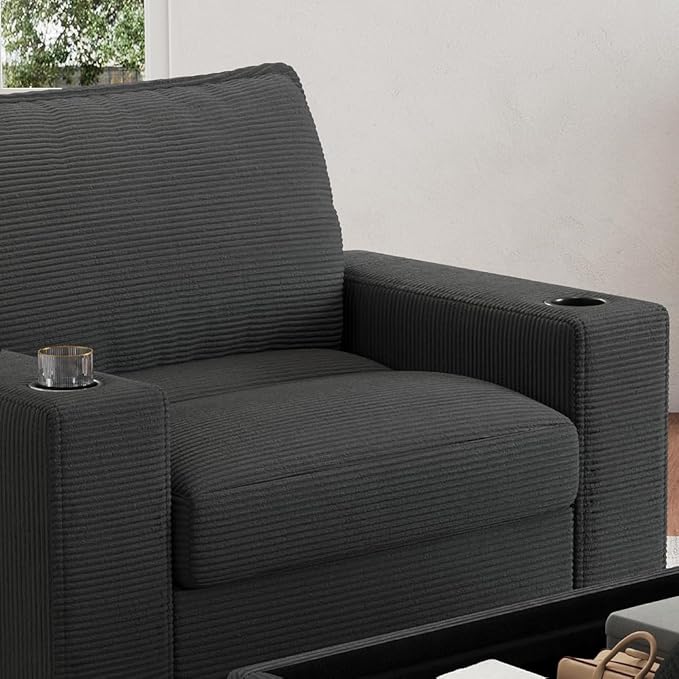 Christopher Knight Home Zoe Oversized Chaise Lounge Chair Indoor with Cup Holders & USB Charging Port, Corduroy Upholstered Sofa Bed + Ottoman with Storage, Comfy Deep Seat Sleeper Sofa Chair, Grey