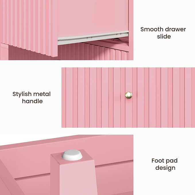 RoyalCraft Fluted 32 inch Wide Nightstand Set of 2, Large Pink Nightstand with 3 Drawer, Modern End Table, Wood Beside Table for Home and Office