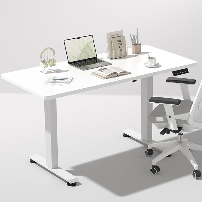 Veken 47.2 Inch Electric Standing Desk, Height Adjustable Sit Stand Up, Wood Desktop, Work Home Office Computer PC Desks, Gaming Writing Study Bedroom Rising Table, Tall Standup Workstation, White