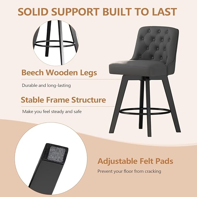 MINCETA Bar Stools Set of 2, PU Leather Barstools, 26 Inch Upholstered Counter Stools with Low Tufted Back and Footrest, Swivel Counter Height Barstools for Kitchen Island Home Bar Dark Gray