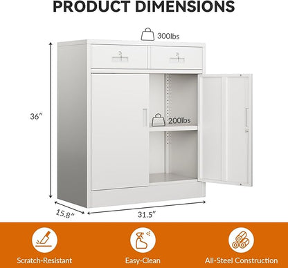 BESFUR 36" H Metal Storage Cabinet with 2 Lockable Drawers and 2 Lockable Doors, White Locking Cabinet with Adjustable Shelf, Metal Cabinet for Home Office, Garage,School, Warehouse, Utility Room