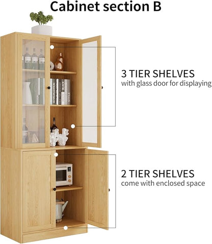 VOWNER Vertical File Cabinet, 3-Tier Modern Bookshelf with 3 Large Drawer, Wood Filing Cabinet with Open Storage Shelf, Glass Doors and Fixed Storage Shelves for Home Office, Wood