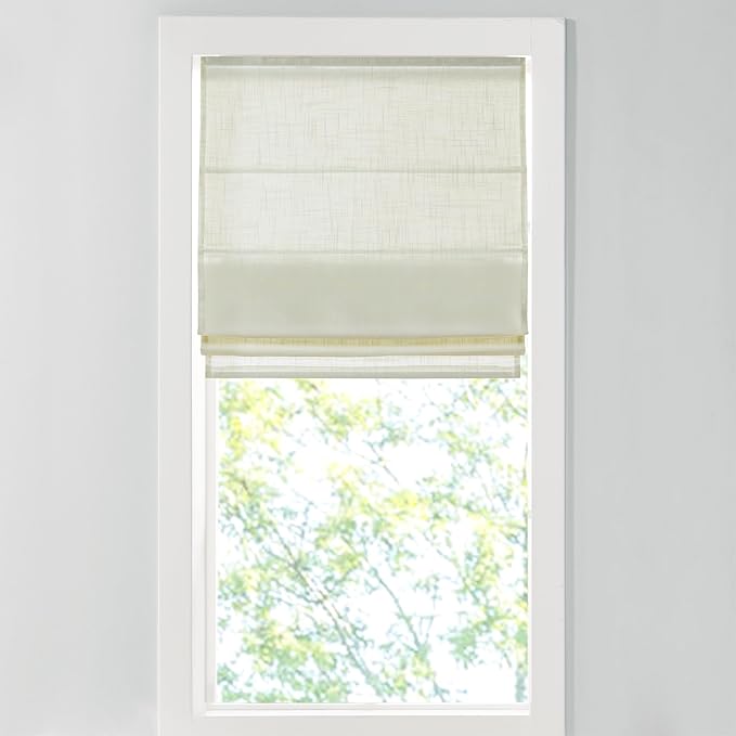 Madison Park Kyler Cordless Roman Shades - Single Panel, Lightweight Linen Blend Fabric, Natural Design, Easy Installation, Light Filtering Window Blind, Bedroom, Living Room Decor 29"W x 64"H Ivory