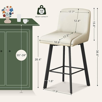 Swivel Bar Stools, 26''H Upholstered Barstools with Backs, Modern Counter Height Bar Stool Chairs for Kitchen Island, Metal Legs (Beige- Faux Leather, Set of 4-26" H)