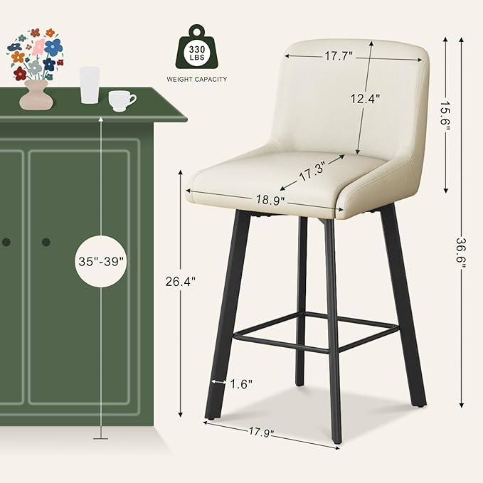Swivel Bar Stools, 26''H Upholstered Barstools with Backs, Modern Counter Height Bar Stool Chairs for Kitchen Island, Metal Legs (Beige- Faux Leather, Set of 6-26" H)