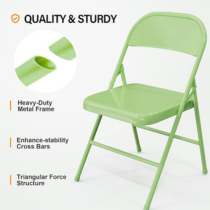 VINGLI Folding Chairs All Steel Metal Frame, Capacity 350 lbs, Durable Portable and Versatile for Indoor Outdoor Use, Green, Set of 4