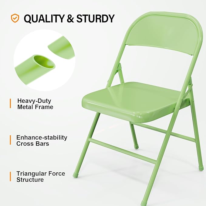 VINGLI Folding Chairs All Steel Metal Frame, Capacity 350 lbs, Durable Portable and Versatile for Indoor Outdoor Use, Green, Set of 8