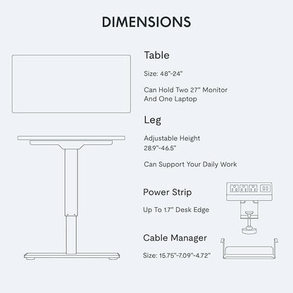 FLEXISPOT EN2 Whole-Piece Standing Desk with Clamp Power Strip, 48x24 Electric Stand Up Height Adjustable Desk with Cable Management (White Frame + 48" White Top)