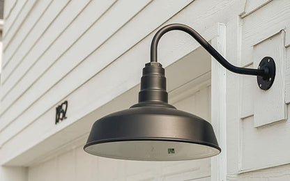Steel Lighting Co. Gardena Barn Light | Outdoor Wall Mounted | 16" Dome | 16" Gooseneck | Farmhouse Light Made in America | Modern Gray Exterior/Brass Interior