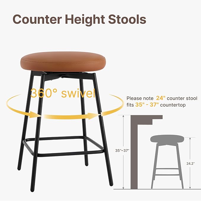 Swivel Bar Stools Set of 6, 24" Counter Height Bar Stool, Backless Barstools with Faux Leather Upholstered Seat&Sturdy Wood Legs for Kitchen Island, Brown