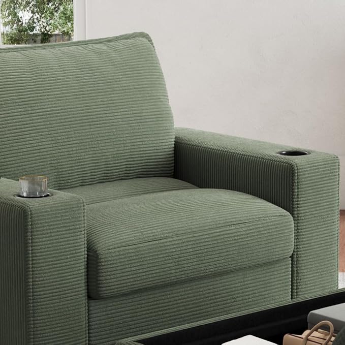 Christopher Knight Home Zoe Oversized Chaise Lounge Chair Indoor with Cup Holders & USB Charging Port, Corduroy Upholstered Sofa Bed + Ottoman with Storage, Comfy Deep Seat Sleeper Sofa Chair, Green