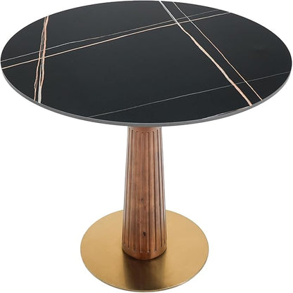 Sintered Stone Office Table - 33.5" Round Table for Small Offices (Light Brown Leg and Black Top, 1 Table Only)