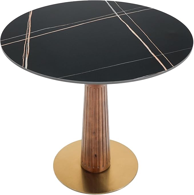 Sintered Stone Office Table and Chair Set - 33.5" Round Table for Small Offices (Light Brown Leg and Black Top, 1 Table and 4 Chairs)