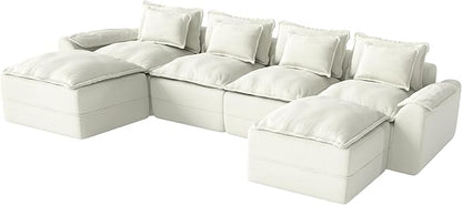 Hobestluk 152" Cloud Modular Sectional Couch 4-Seater Sofa with Ottomans U Shaped Couch Deep Seat Sofa with Removable Cover for Living Room (Beige, 4-Seater Sofa with Two Ottomans)