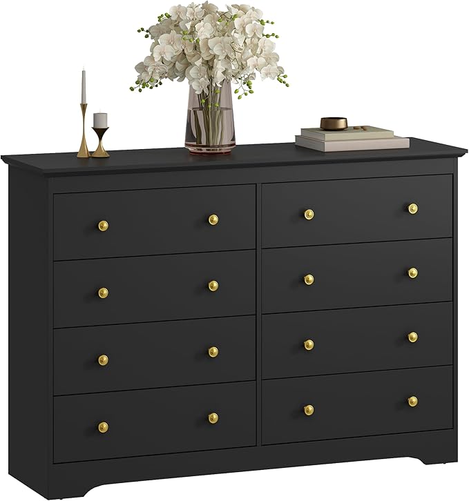 Black Dresser for Bedroom, 8 Drawer Dresser with Large Drawers, 55 Inch Wide Wood Chest for Living Room, Hallway