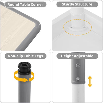 Kids Table and 2 Chairs Set, Height-Adjustable Toddler Table and Chairs Set with Graffiti Desktop, 23.6''L x 23.6''W Children Activity Table for Daycare, Classroom, Home, Grey-w