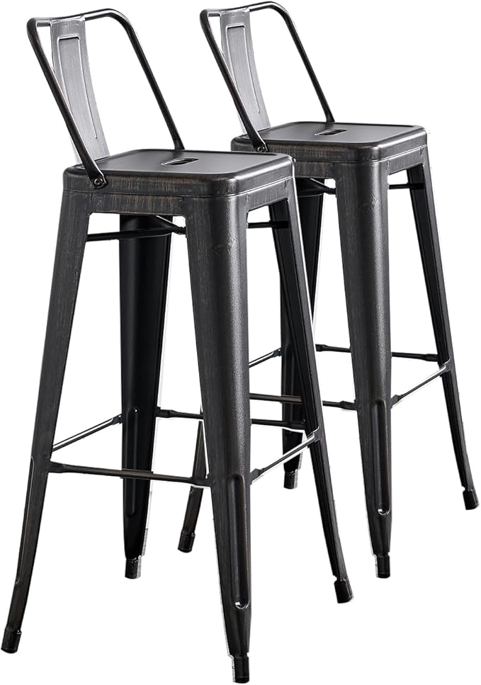 AC Pacific 30” Metal Barstool Set of 2 – Country Rustic Style with Low Back, Lightweight & Sturdy Build, Easy Assembly – Distressed Black