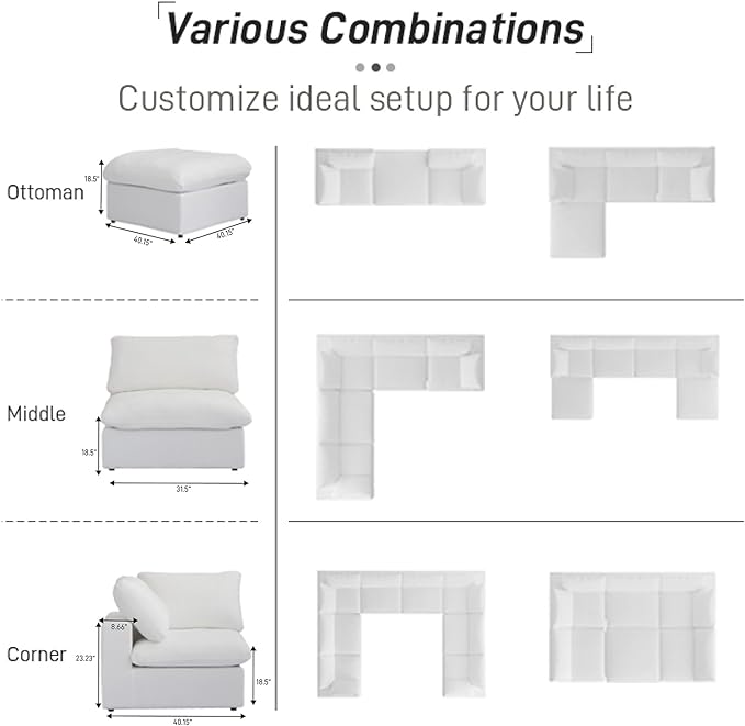 Cloud Couch Modular Sectional Sofa,160.6" Down Filled Sofa with Storage Ottoman,U Shaped Couch 6 Seater, White Convertible Sectional Sofa for Living Room,Covers Removable & Washable