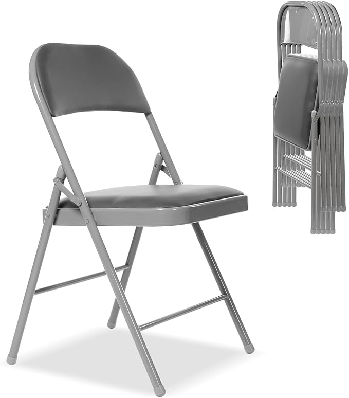 6 Pack Folding Chairs with Padded Seats, Padded Folding Chair with Steel Frame for Events Home Office, Pu Leather Folding Chair Grey