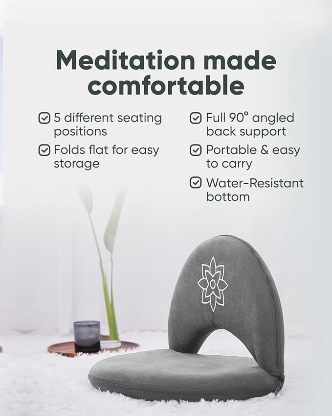 Mindful Modern Meditation Chair | Adjustable Floor Chair with Back Support | Padded Floor Seat for Posture Support and Comfort | Portable Folds Flat for Storage | Indoor/Outdoor Use | Slate Grey