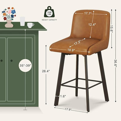 Swivel Counter Height Bar Stools Set of 6, 26''H Upholstered Barstools with Backs, Modern Bar Stool Chairs for Kitchen Island, Metal Legs, Faux Leather, Whiskey Brown Stools Counter Chair