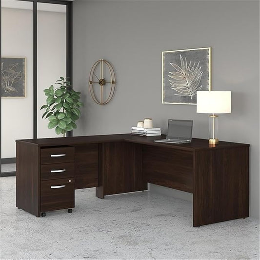Pemberly Row Engineered Wood 72W x 30D L Shaped Desk w/Drawers in Black Walnut