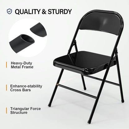 VINGLI Folding Chairs All Steel Metal Frame, Capacity 350 lbs, Durable Portable and Versatile for Indoor Outdoor Use, Black, Set of 8