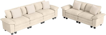 L-Shaped Cloud Modular Sofa Set with Chaise Lounge, 5-Piece Sectional & Deep Seat, Plush Chenille w/Removable Arms for Living Room - Beige