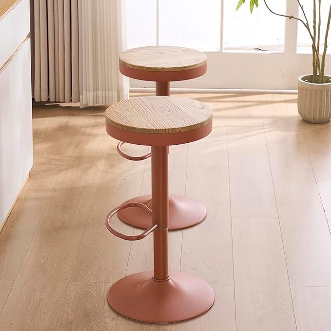Kidol & Shellder Bar Stools Set of 6 Round Adjustable Swivel Barstools Modern Backless Bar Chairs Wooden Seat Counter Height Stools Armless for Kitchen Island, Cafe, Dining Room Terracotta