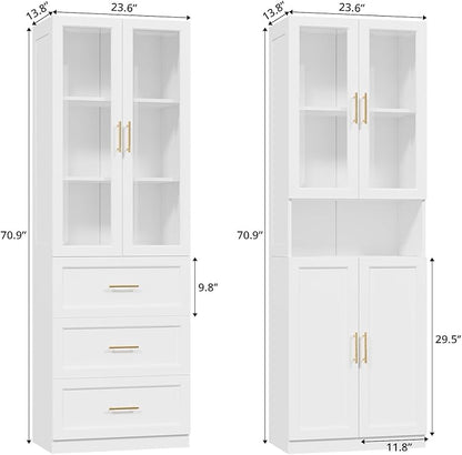 VOWNER Bookcase with Glass Doors & Drawers, 5 Tier Bookshelf with Adjustable Shelf, Modern Large Storage Display Cabinet Set for Home Office, Living Room, White (BDDB)
