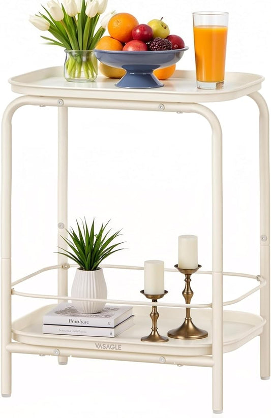 VASAGLE 2-Tier Outdoor Table, Small Side End Table with Tray Storage, Bedside Nightstand for Living Room, Bedroom, Modern Style, Cream White ULET243W01