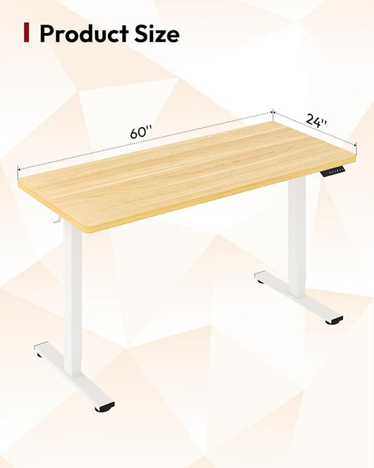 SANODESK Electric Standing Desk 60 x 24 Inches Whole-Piece Desktop Height Adjustable Stand Up Desk w/6-Button Controller Ergonomic Computer Desk for Home Office, White Frame + Natural Tabletop