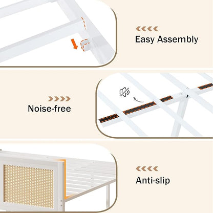 Rattan Bed Frame Queen, Boho Bed Frame with Headboard, Metal Platform Bed Frame Queen Size with Strong Slats Support, No Box Spring Needed, Noise Free, Easy Assembly, White