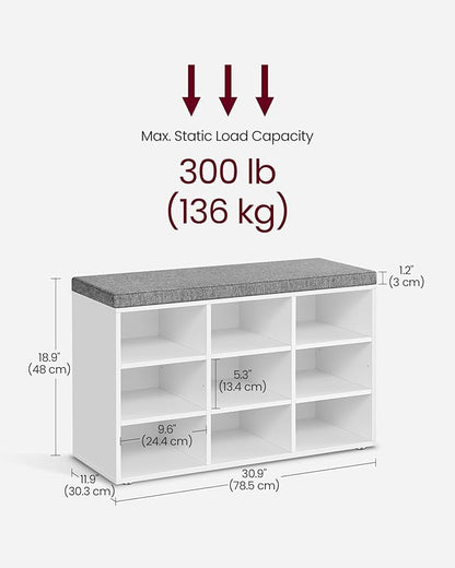 VASAGLE CUSTOS Collection - Shoe Bench, Storage Bench with Padded Seat, Entryway Bench with 9 Compartments, for Bedroom, 11.9 x 30.9 x 18.9 Inches, Cloud White and Dove Gray ULHS009W14