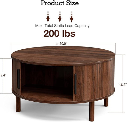 Coffee Table for Living Room, Modern Round Coffee Table with Cabinets & Sliding Doors, Home Small Space, 29.9" Fluted Center Table, Walnut