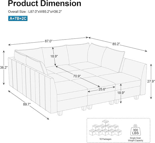Belffin Large Modular Sectional Sofa Sleeper Sectional Couch with Storage Chenille Sectional Sofa Bed for Living Room, 9 Seats, Light Grey